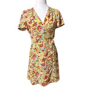 🌺 J Crew Factory Yellow Red Pink Floral Wrap Dress Size 2 EUC!🌺